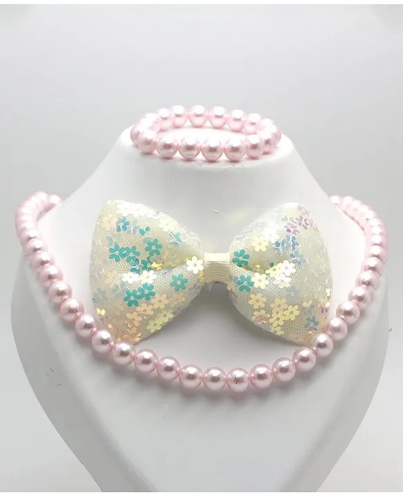 Aabacus Pearls Embellished & Bow Applique Detailed Jewellery Combo Set - Light Pink